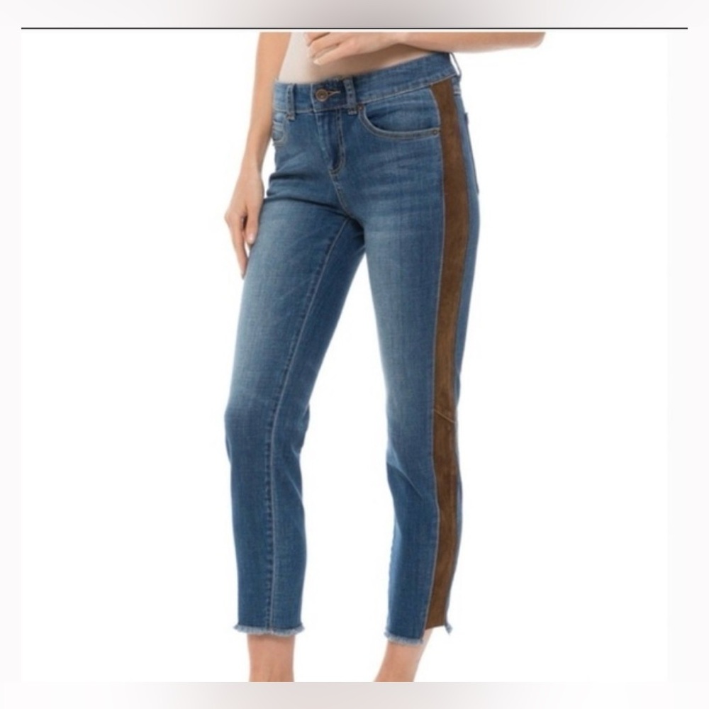 Ecru Boho cropped Jean with contrasting brown suede side stripe